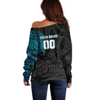 Personalized Port Adelaide Power Polynesian Off Shoulder Sweater Tribal Chest and Sleeve Tattoo Heritage Warrior