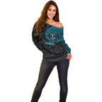 Personalized Port Adelaide Power Polynesian Off Shoulder Sweater Tribal Chest and Sleeve Tattoo Heritage Warrior