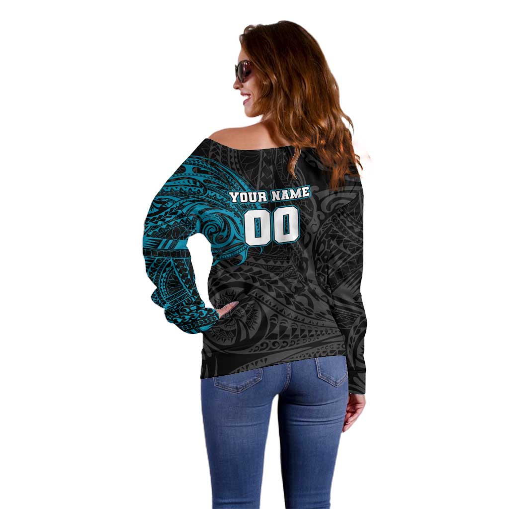 Personalized Port Adelaide Power Polynesian Off Shoulder Sweater Tribal Chest and Sleeve Tattoo Heritage Warrior