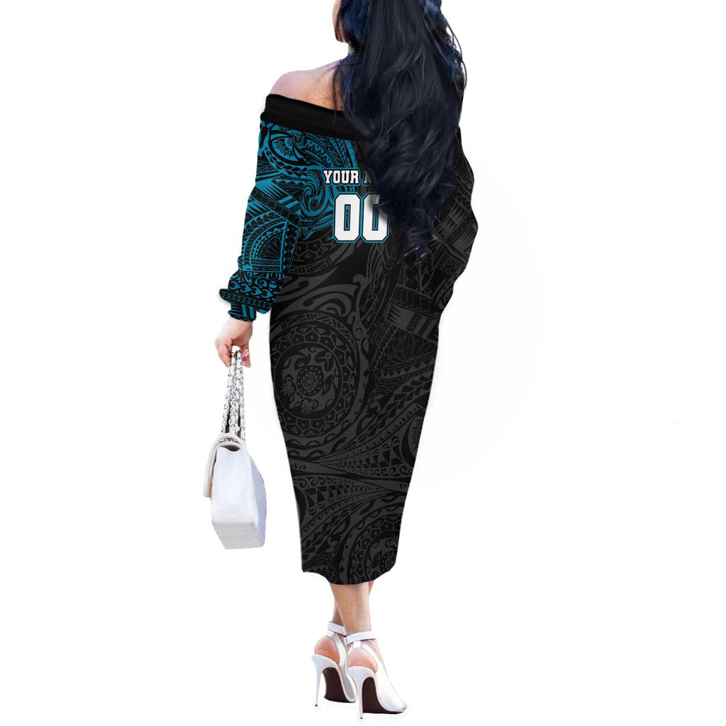 Personalized Port Adelaide Power Polynesian Off The Shoulder Long Sleeve Dress Tribal Chest and Sleeve Tattoo Heritage Warrior