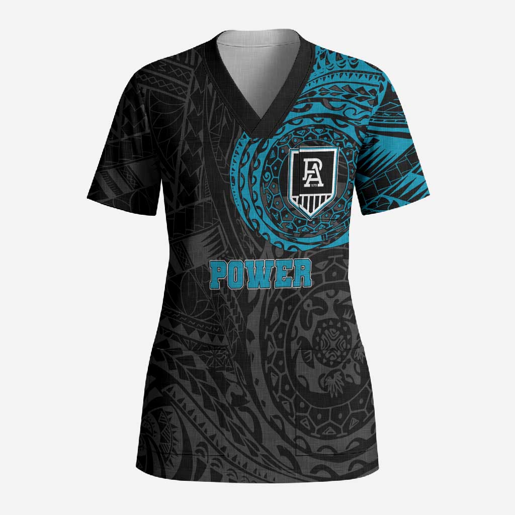 Personalized Port Adelaide Power Polynesian Scrub Top Tribal Chest and Sleeve Tattoo Heritage Warrior