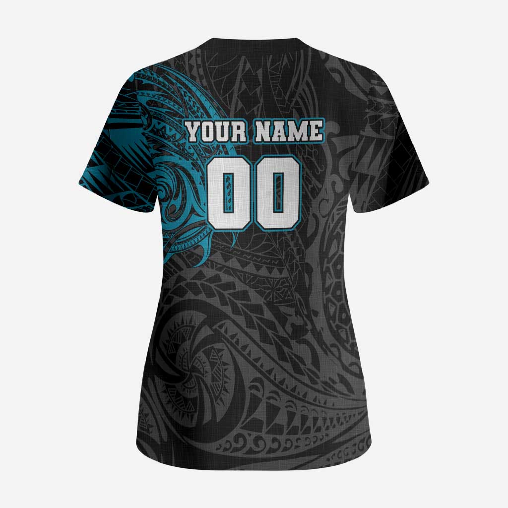 Personalized Port Adelaide Power Polynesian Scrub Top Tribal Chest and Sleeve Tattoo Heritage Warrior