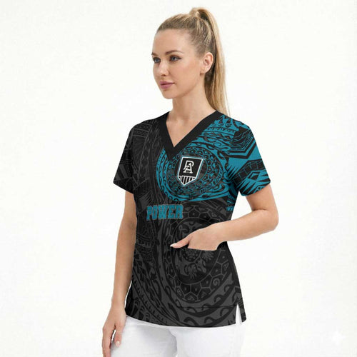Personalized Port Adelaide Power Polynesian Scrub Top Tribal Chest and Sleeve Tattoo Heritage Warrior