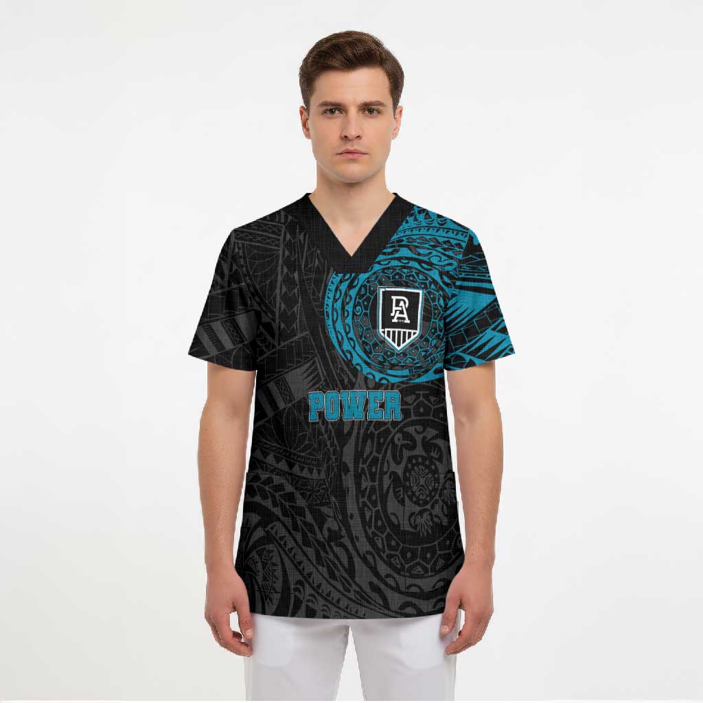 Personalized Port Adelaide Power Polynesian Scrub Top Tribal Chest and Sleeve Tattoo Heritage Warrior