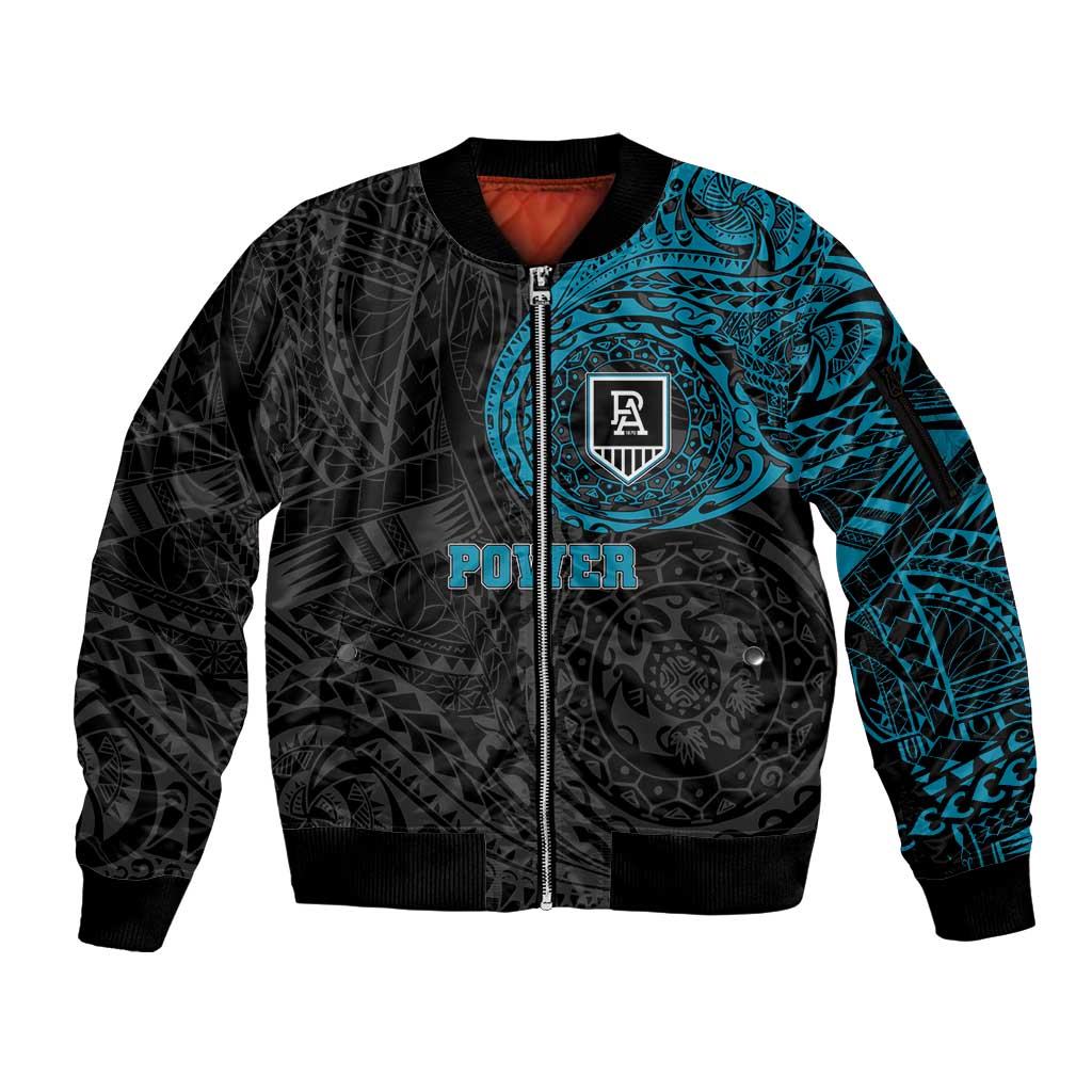 Personalized Port Adelaide Power Polynesian Sleeve Zip Bomber Jacket Tribal Chest and Sleeve Tattoo Heritage Warrior