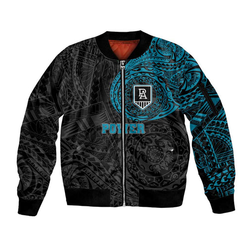 Personalized Port Adelaide Power Polynesian Sleeve Zip Bomber Jacket Tribal Chest and Sleeve Tattoo Heritage Warrior