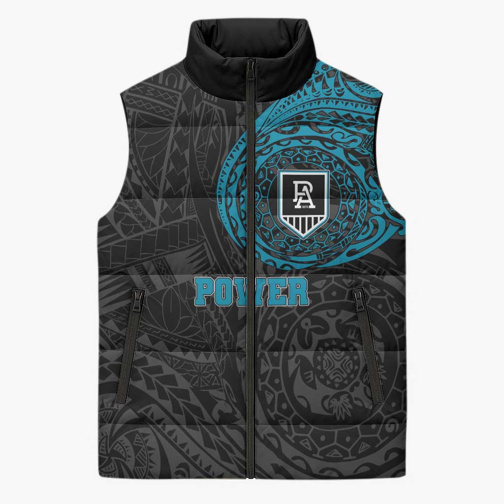Personalized Port Adelaide Power Polynesian Sleeveless Puffer Jacket Tribal Chest and Sleeve Tattoo Heritage Warrior