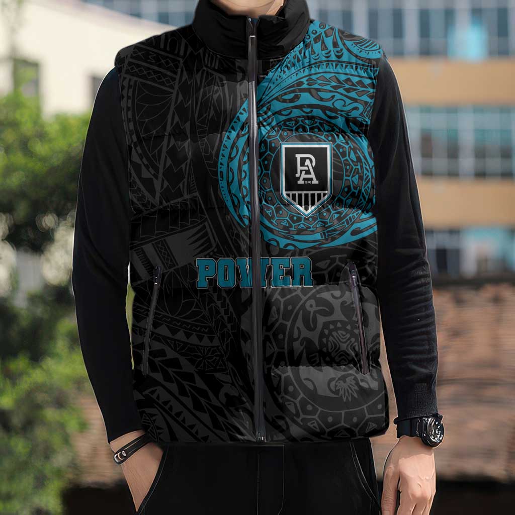 Personalized Port Adelaide Power Polynesian Sleeveless Puffer Jacket Tribal Chest and Sleeve Tattoo Heritage Warrior