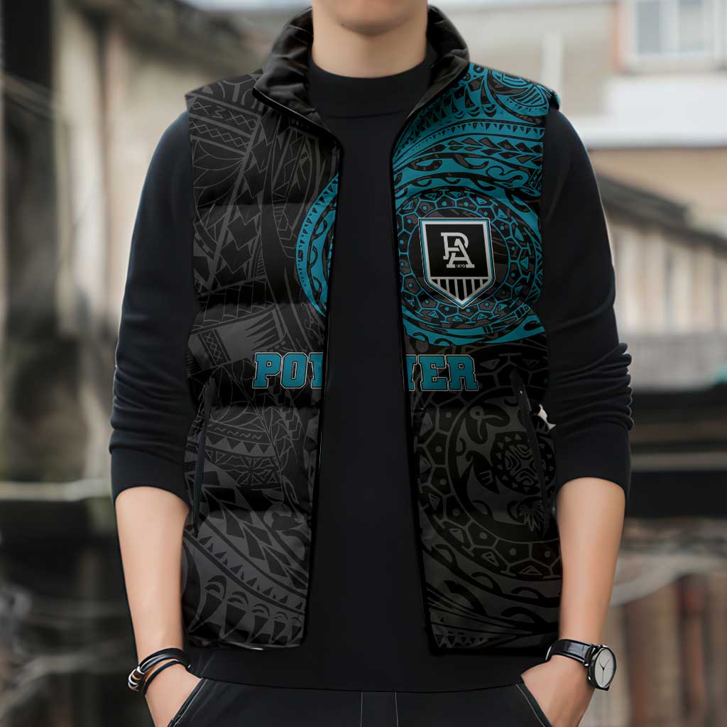 Personalized Port Adelaide Power Polynesian Sleeveless Puffer Jacket Tribal Chest and Sleeve Tattoo Heritage Warrior
