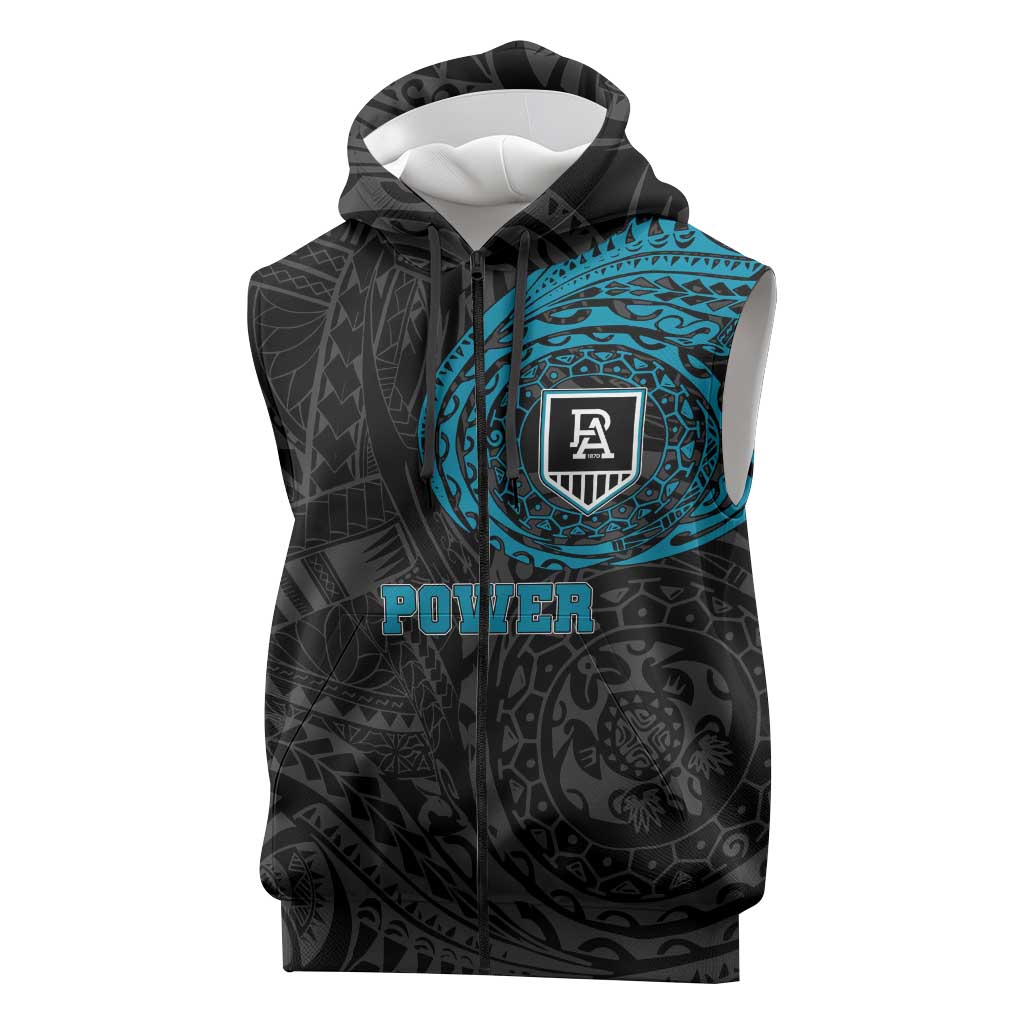 Personalized Port Adelaide Power Polynesian Sleeveless Zip Hoodie Tribal Chest and Sleeve Tattoo Heritage Warrior