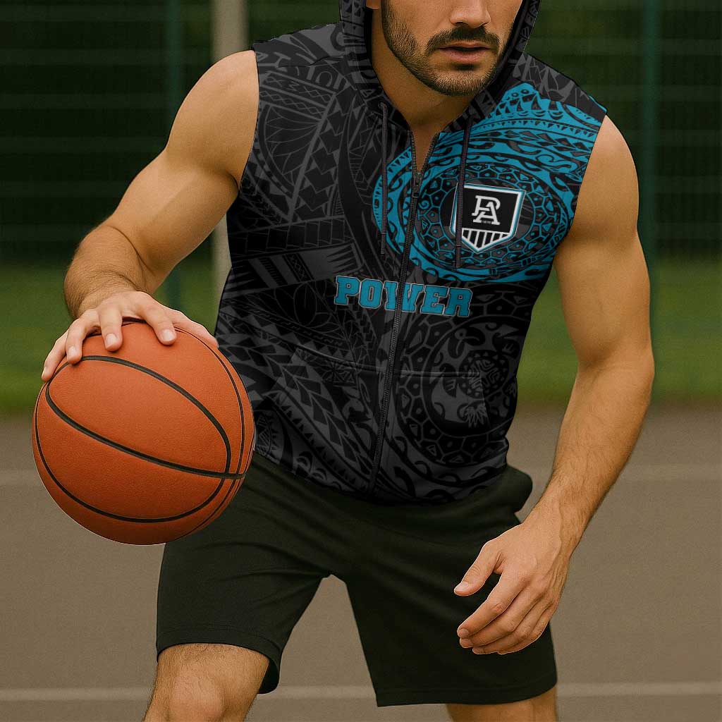 Personalized Port Adelaide Power Polynesian Sleeveless Zip Hoodie Tribal Chest and Sleeve Tattoo Heritage Warrior