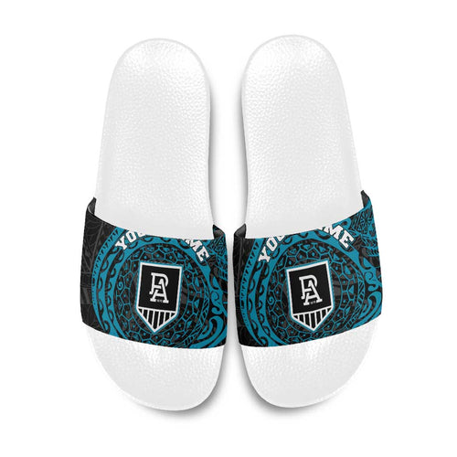 Personalized Port Adelaide Power Polynesian Slide Sandals Tribal Chest and Sleeve Tattoo Heritage Warrior