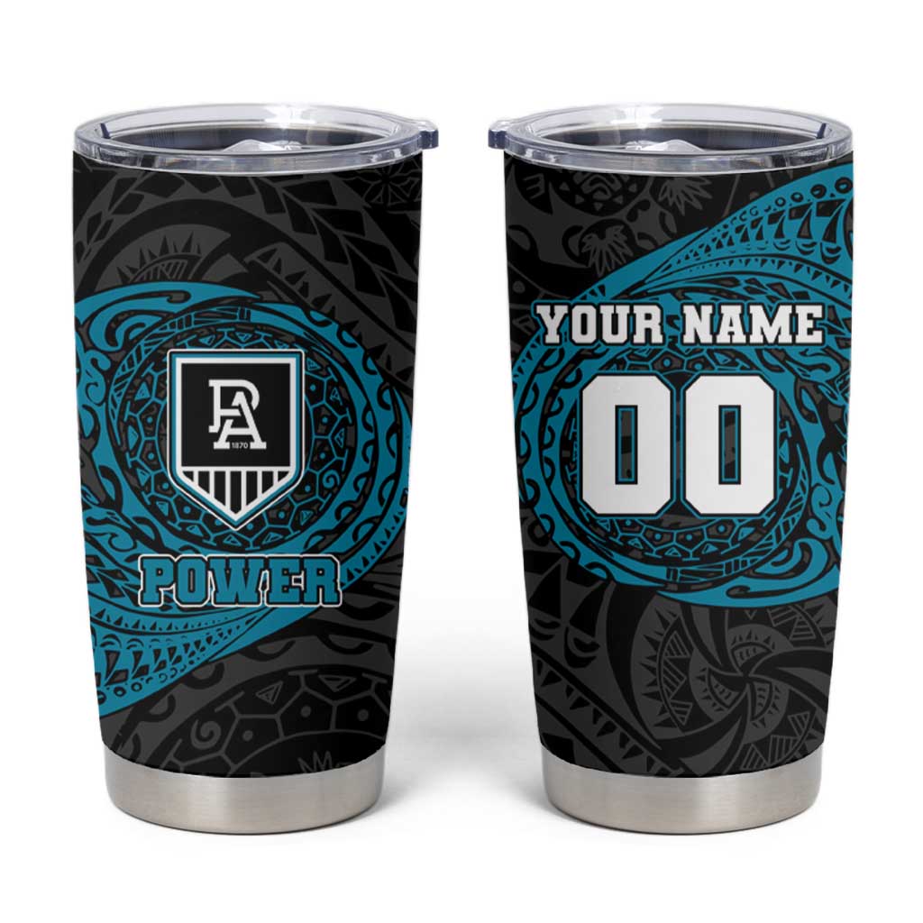 Personalized Port Adelaide Power Polynesian Tumbler Cup Tribal Chest and Sleeve Tattoo Heritage Warrior