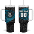 Personalized Port Adelaide Power Polynesian Tumbler With Handle Tribal Chest and Sleeve Tattoo Heritage Warrior