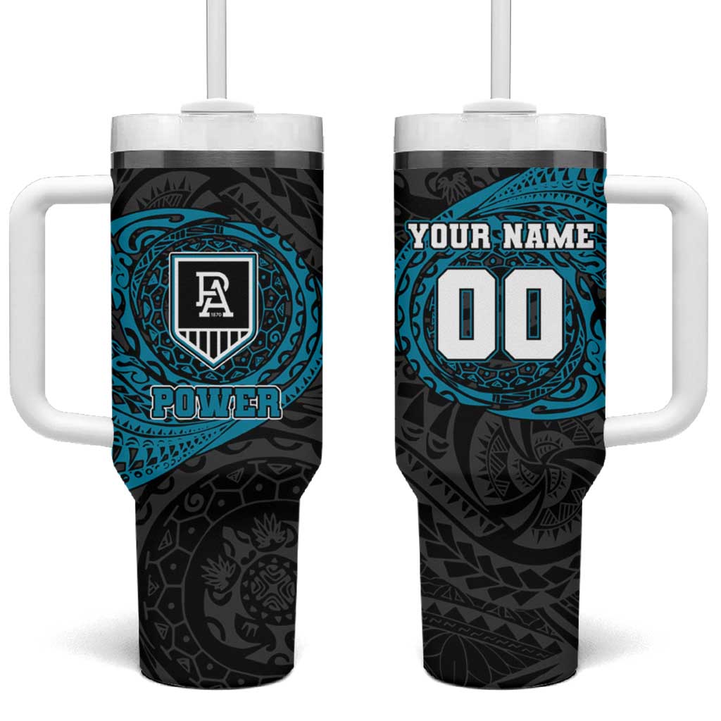 Personalized Port Adelaide Power Polynesian Tumbler With Handle Tribal Chest and Sleeve Tattoo Heritage Warrior