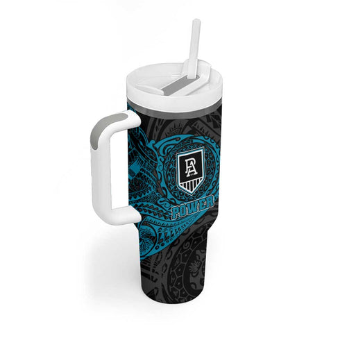 Personalized Port Adelaide Power Polynesian Tumbler With Handle Tribal Chest and Sleeve Tattoo Heritage Warrior