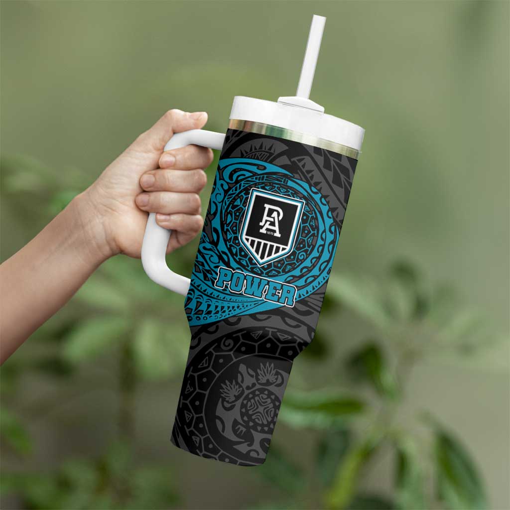 Personalized Port Adelaide Power Polynesian Tumbler With Handle Tribal Chest and Sleeve Tattoo Heritage Warrior