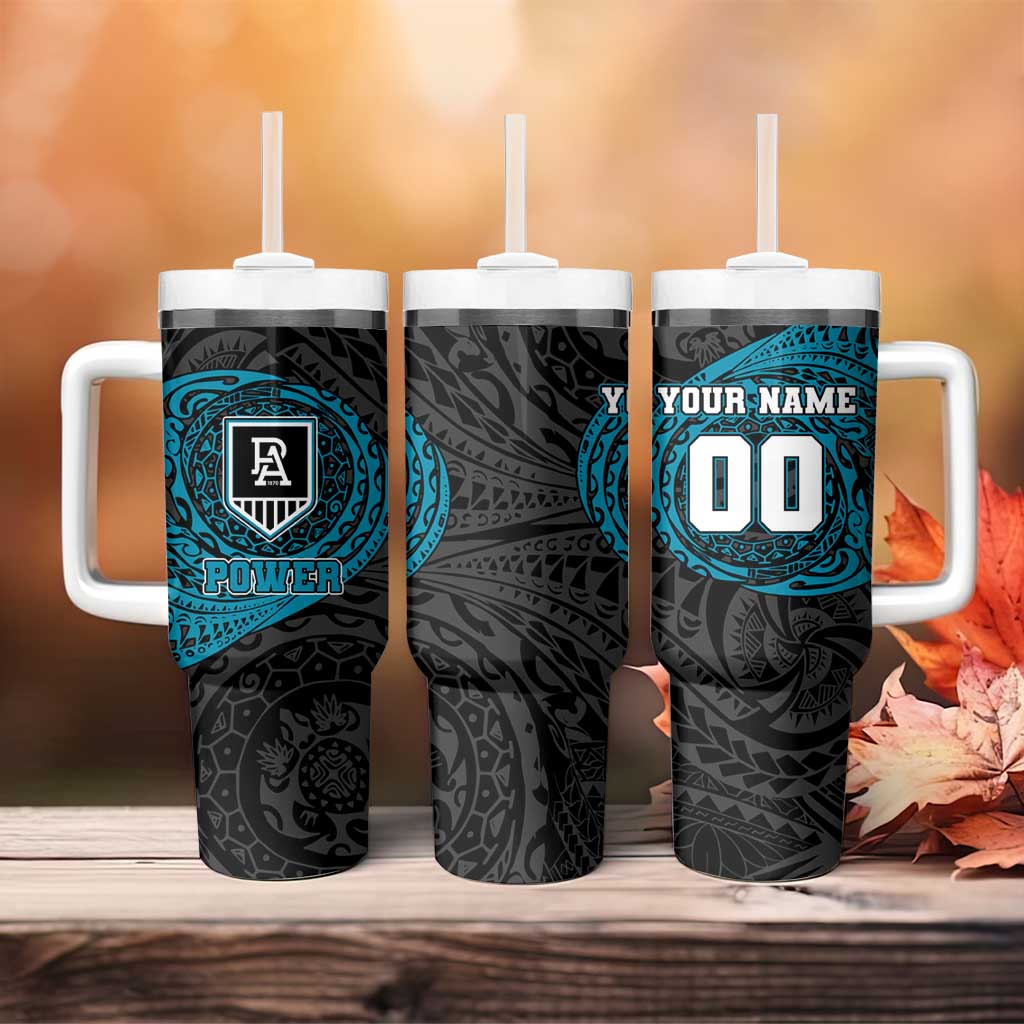 Personalized Port Adelaide Power Polynesian Tumbler With Handle Tribal Chest and Sleeve Tattoo Heritage Warrior