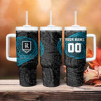 Personalized Port Adelaide Power Polynesian Tumbler With Handle Tribal Chest and Sleeve Tattoo Heritage Warrior