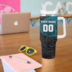 Personalized Port Adelaide Power Polynesian Tumbler With Handle Tribal Chest and Sleeve Tattoo Heritage Warrior