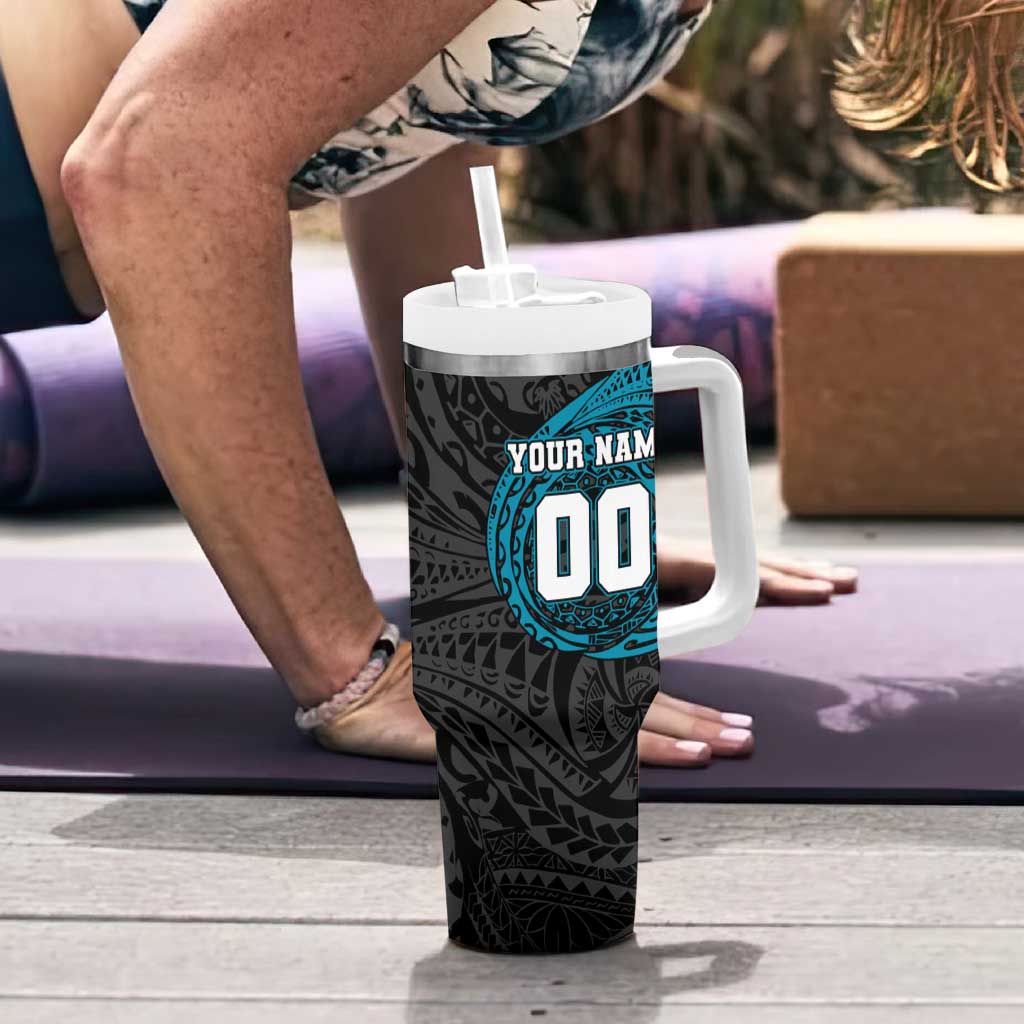 Personalized Port Adelaide Power Polynesian Tumbler With Handle Tribal Chest and Sleeve Tattoo Heritage Warrior