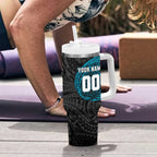 Personalized Port Adelaide Power Polynesian Tumbler With Handle Tribal Chest and Sleeve Tattoo Heritage Warrior