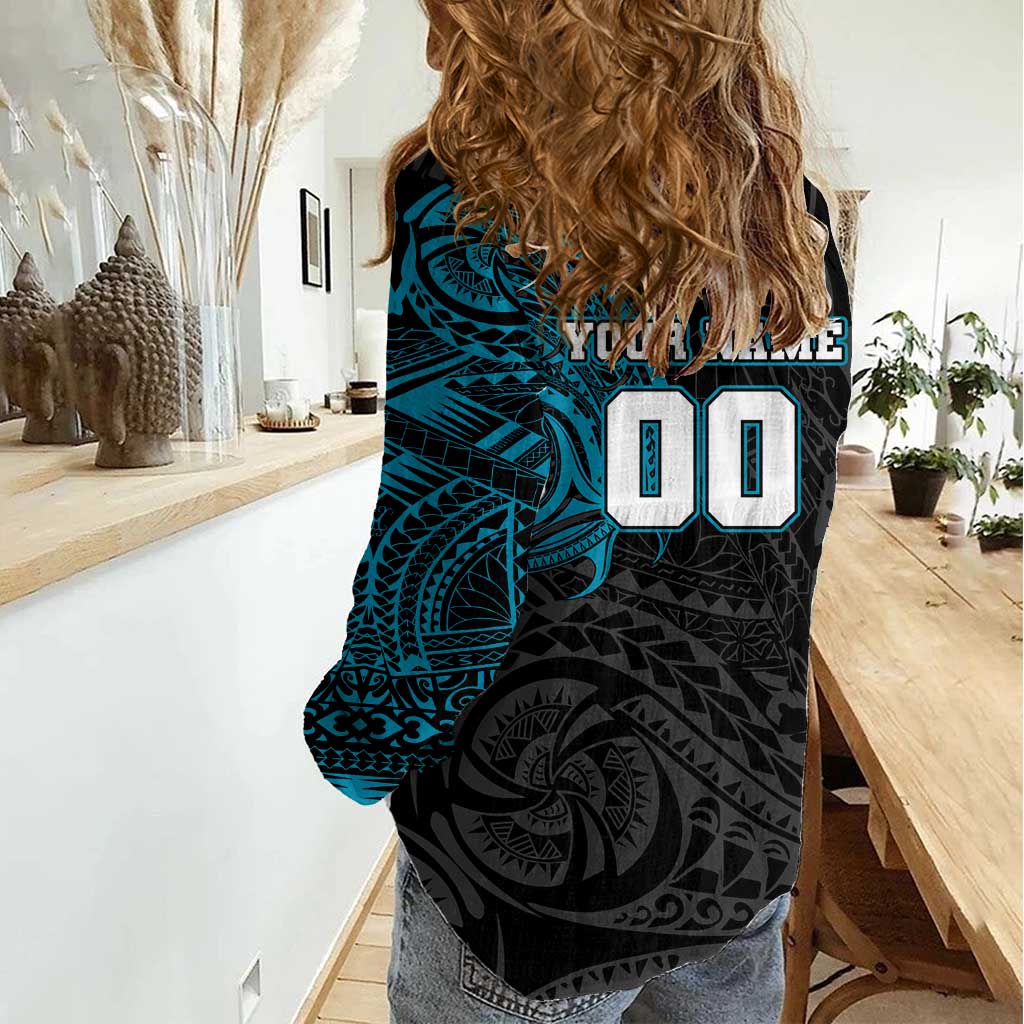Personalized Port Adelaide Power Polynesian Women Casual Shirt Tribal Chest and Sleeve Tattoo Heritage Warrior