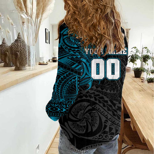 Personalized Port Adelaide Power Polynesian Women Casual Shirt Tribal Chest and Sleeve Tattoo Heritage Warrior