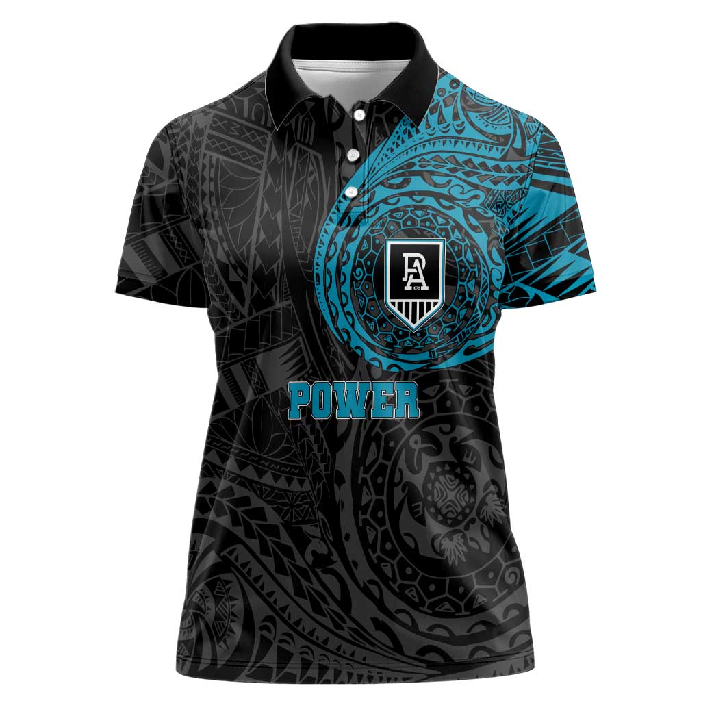 Personalized Port Adelaide Power Polynesian Women Polo Shirt Tribal Chest and Sleeve Tattoo Heritage Warrior