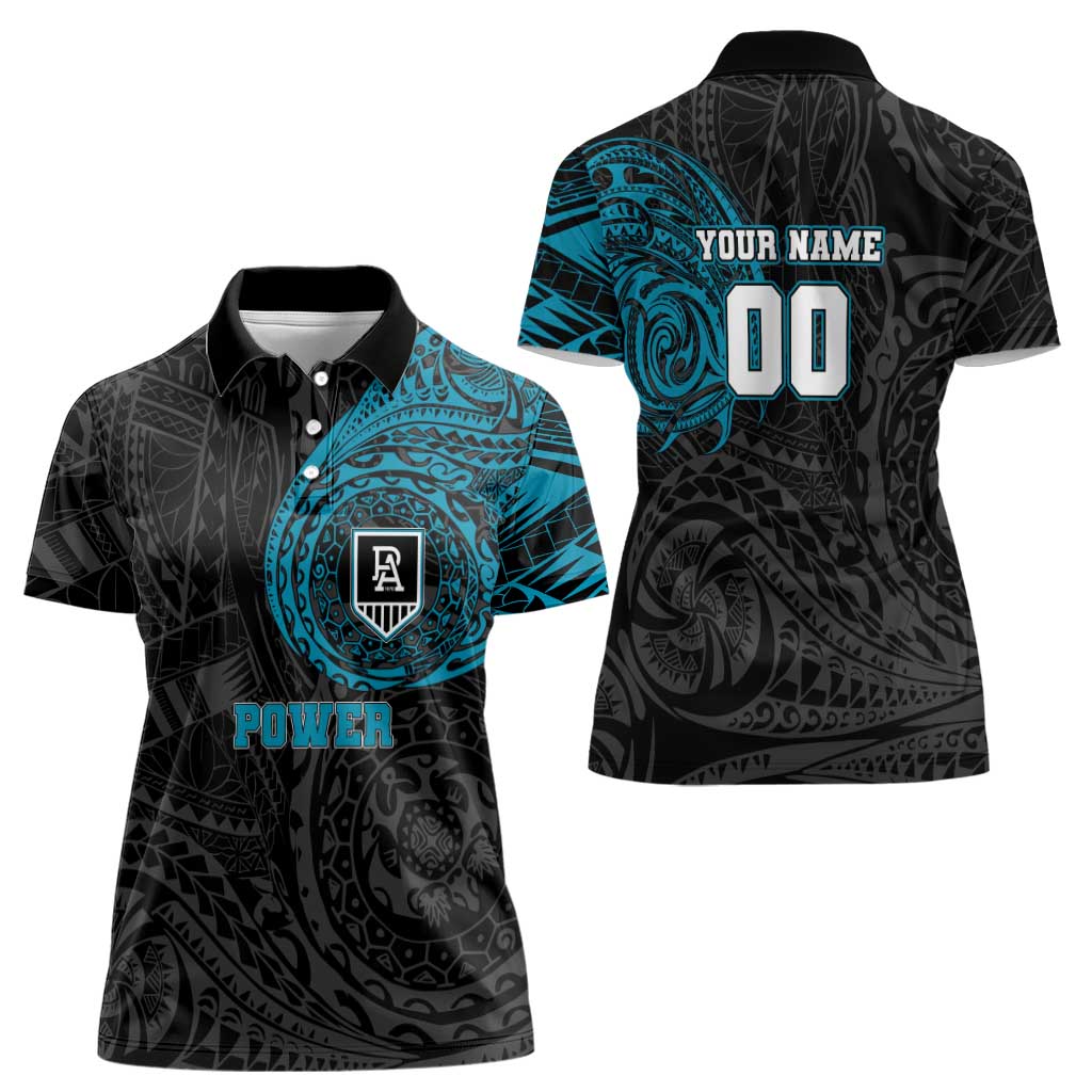 Personalized Port Adelaide Power Polynesian Women Polo Shirt Tribal Chest and Sleeve Tattoo Heritage Warrior