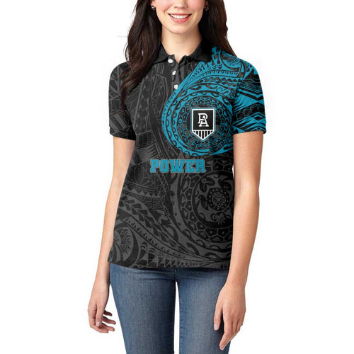 Personalized Port Adelaide Power Polynesian Women Polo Shirt Tribal Chest and Sleeve Tattoo Heritage Warrior