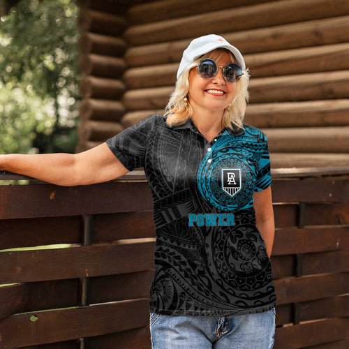 Personalized Port Adelaide Power Polynesian Women Polo Shirt Tribal Chest and Sleeve Tattoo Heritage Warrior