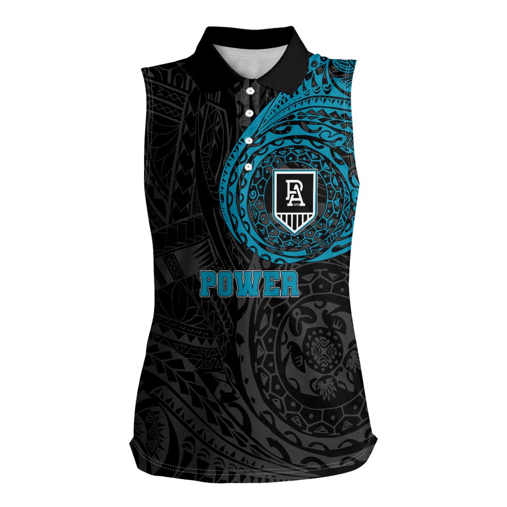 Personalized Port Adelaide Power Polynesian Women Sleeveless Polo Shirt Tribal Chest and Sleeve Tattoo Heritage Warrior