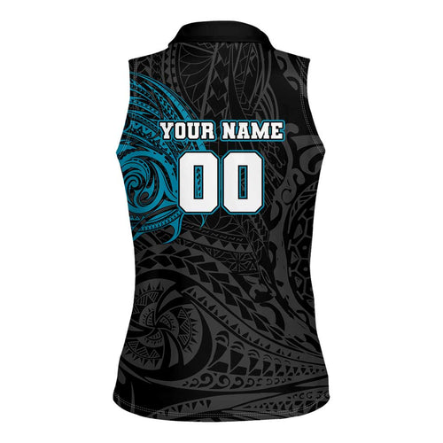 Personalized Port Adelaide Power Polynesian Women Sleeveless Polo Shirt Tribal Chest and Sleeve Tattoo Heritage Warrior