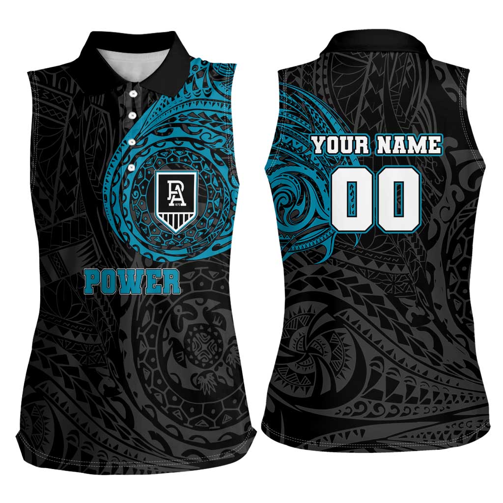 Personalized Port Adelaide Power Polynesian Women Sleeveless Polo Shirt Tribal Chest and Sleeve Tattoo Heritage Warrior