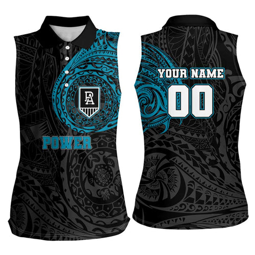 Personalized Port Adelaide Power Polynesian Women Sleeveless Polo Shirt Tribal Chest and Sleeve Tattoo Heritage Warrior