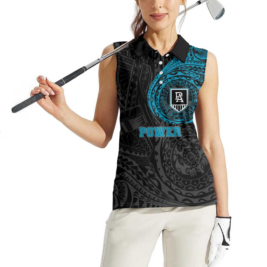 Personalized Port Adelaide Power Polynesian Women Sleeveless Polo Shirt Tribal Chest and Sleeve Tattoo Heritage Warrior