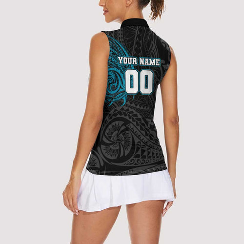 Personalized Port Adelaide Power Polynesian Women Sleeveless Polo Shirt Tribal Chest and Sleeve Tattoo Heritage Warrior