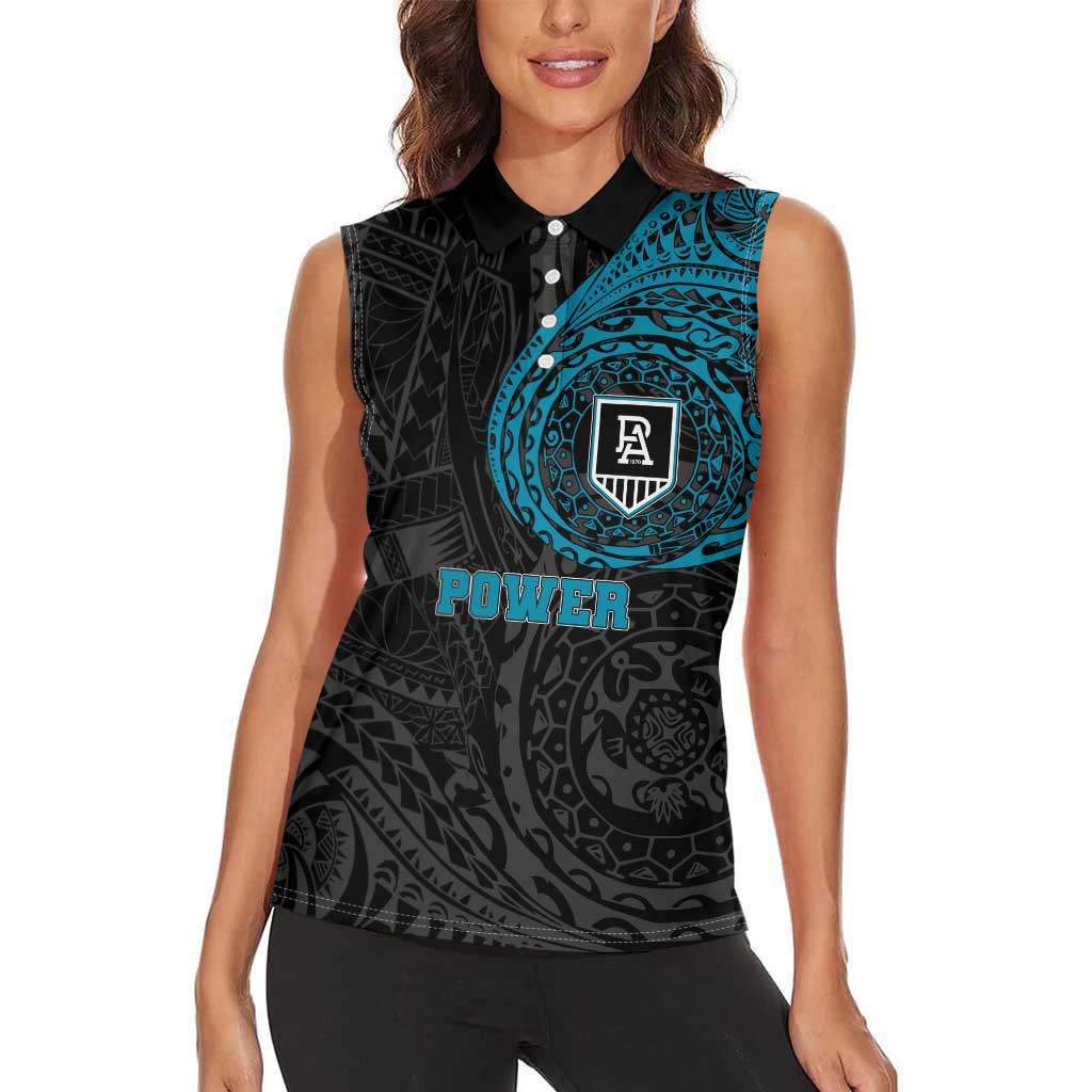 Personalized Port Adelaide Power Polynesian Women Sleeveless Polo Shirt Tribal Chest and Sleeve Tattoo Heritage Warrior