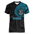 Personalized Port Adelaide Power Polynesian Women V-Neck T-Shirt Tribal Chest and Sleeve Tattoo Heritage Warrior