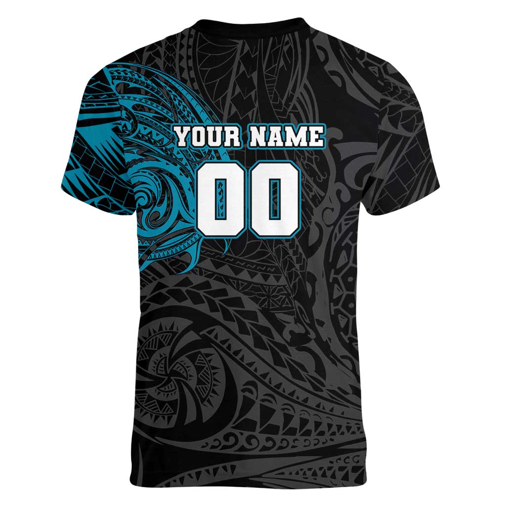 Personalized Port Adelaide Power Polynesian Women V-Neck T-Shirt Tribal Chest and Sleeve Tattoo Heritage Warrior