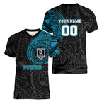 Personalized Port Adelaide Power Polynesian Women V-Neck T-Shirt Tribal Chest and Sleeve Tattoo Heritage Warrior