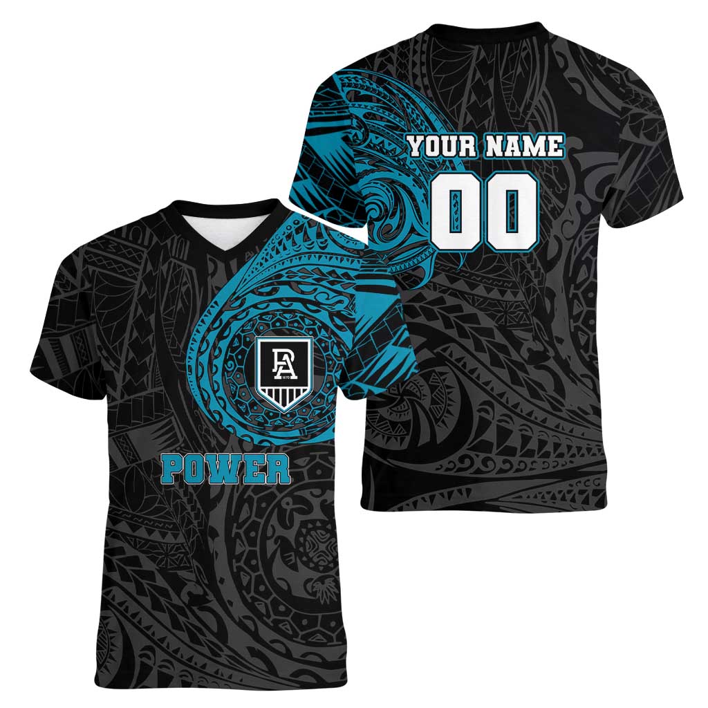 Personalized Port Adelaide Power Polynesian Women V-Neck T-Shirt Tribal Chest and Sleeve Tattoo Heritage Warrior