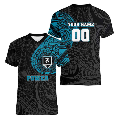 Personalized Port Adelaide Power Polynesian Women V-Neck T-Shirt Tribal Chest and Sleeve Tattoo Heritage Warrior