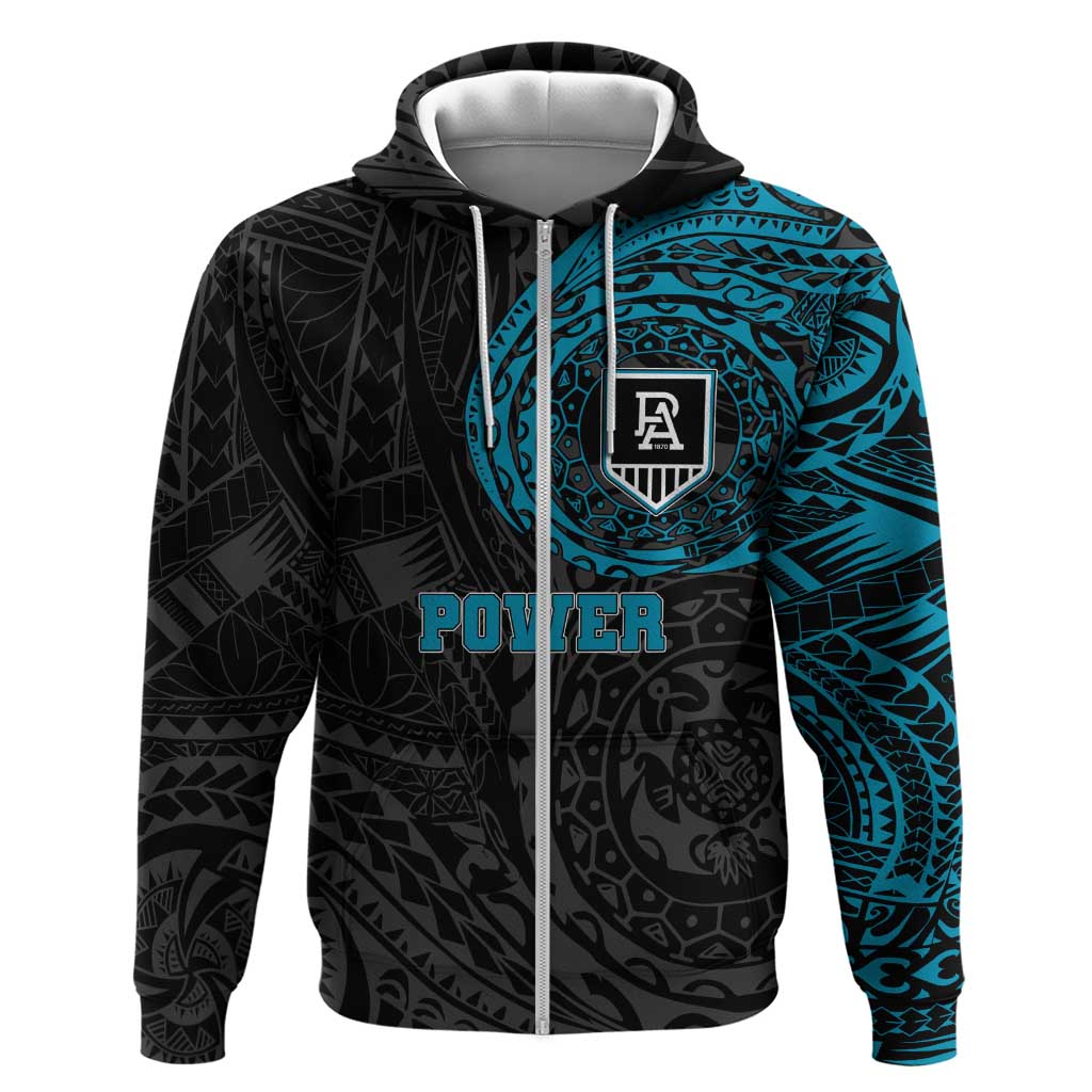 Personalized Port Adelaide Power Polynesian Zip Hoodie Tribal Chest and Sleeve Tattoo Heritage Warrior