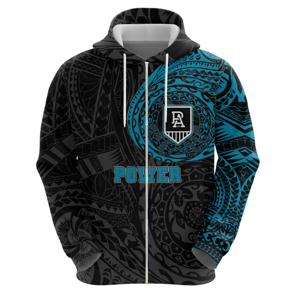 Personalized Port Adelaide Power Polynesian Zip Hoodie Tribal Chest and Sleeve Tattoo Heritage Warrior