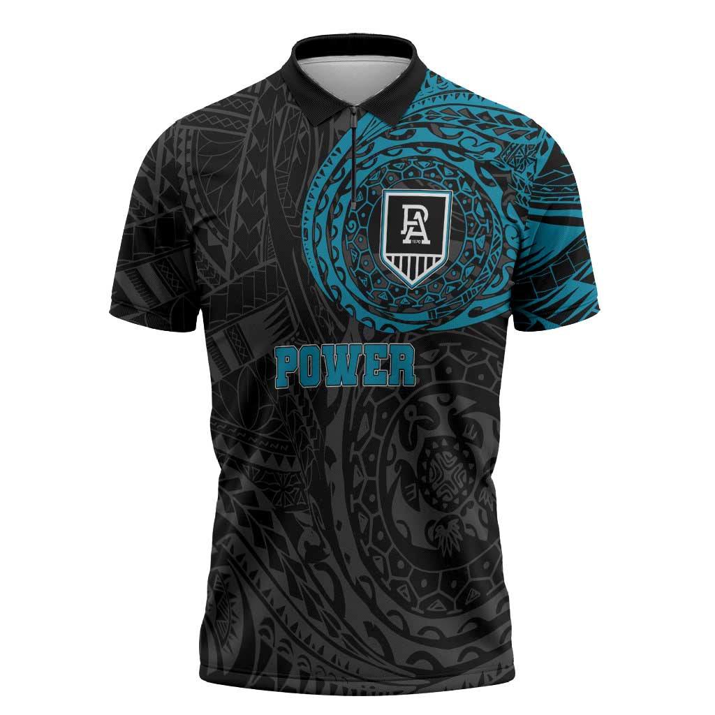 Personalized Port Adelaide Power Polynesian Zipper Polo Shirt Tribal Chest and Sleeve Tattoo Heritage Warrior