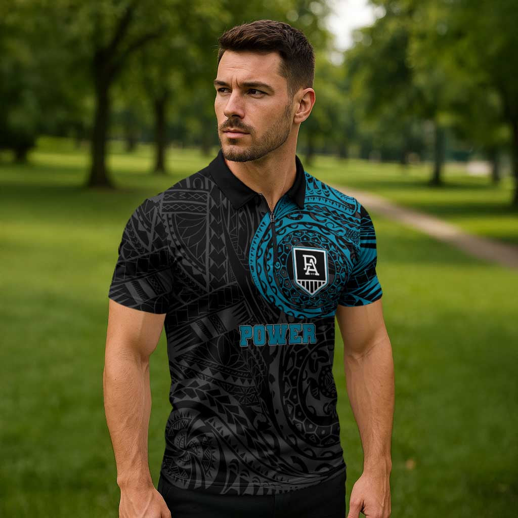 Personalized Port Adelaide Power Polynesian Zipper Polo Shirt Tribal Chest and Sleeve Tattoo Heritage Warrior