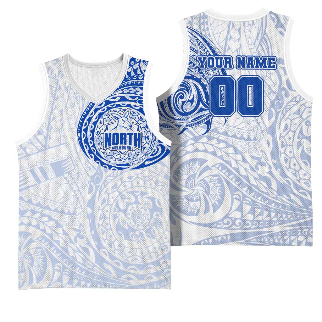 Personalized North Melbourne Kangaroos Polynesian Basketball Jersey Tribal Chest and Sleeve Tattoo Heritage Warrior