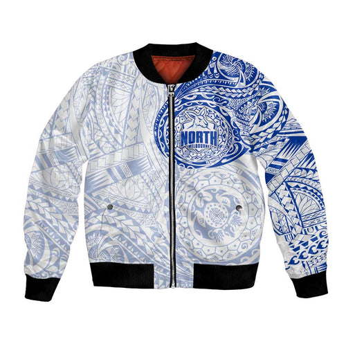 Personalized North Melbourne Kangaroos Polynesian Bomber Jacket Tribal Chest and Sleeve Tattoo Heritage Warrior